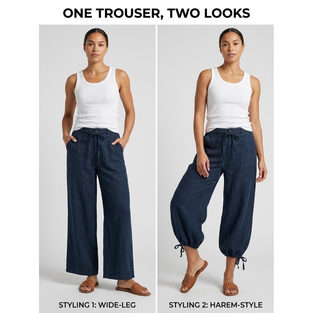 Love Tree Wide Leg Linen Pants Midnight Blue Drawstring Sailor Coastal Womens L